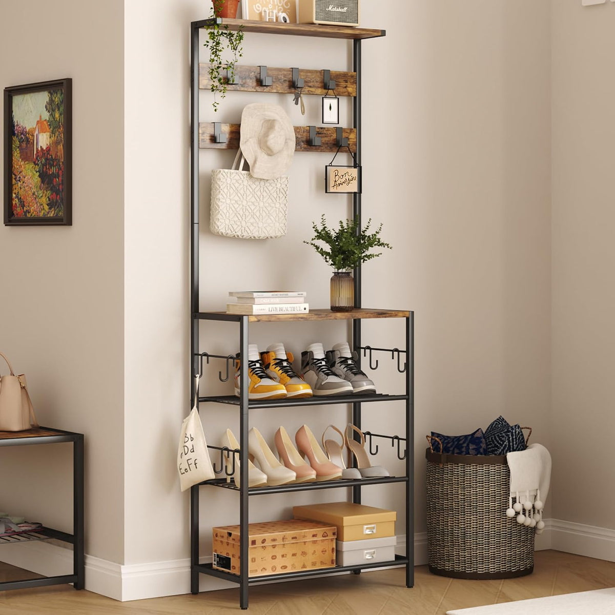HOMEFORT Coat Rack with Shoe Storage, 5-Tier Shoe and Coat Rack with 9 Clothes Hooks, Freestanding Hall Tree Organizer for Entryway, Bedroom, Rustic Brown