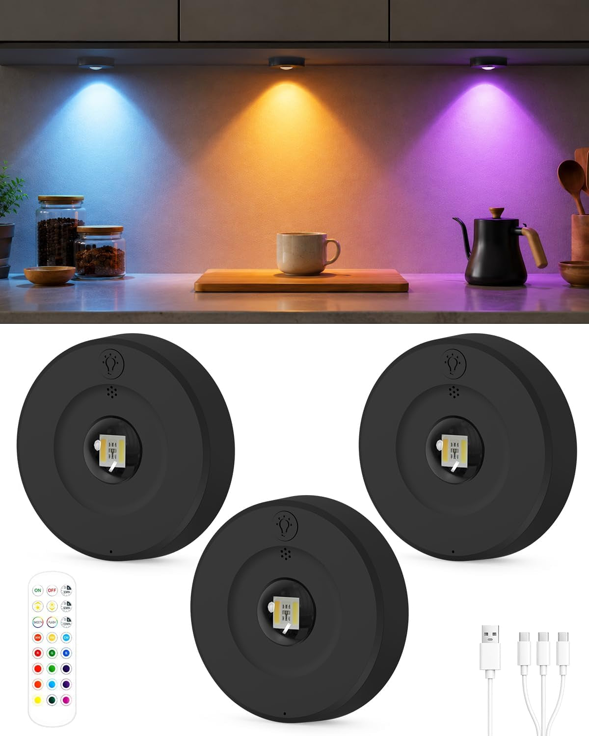 Yiliaw under Cabinet Rechargeable Puck Lights with Remote Control,Multi-Use under Cabinet Lighting for Kitchen Wardrobe,Black-3 Pack