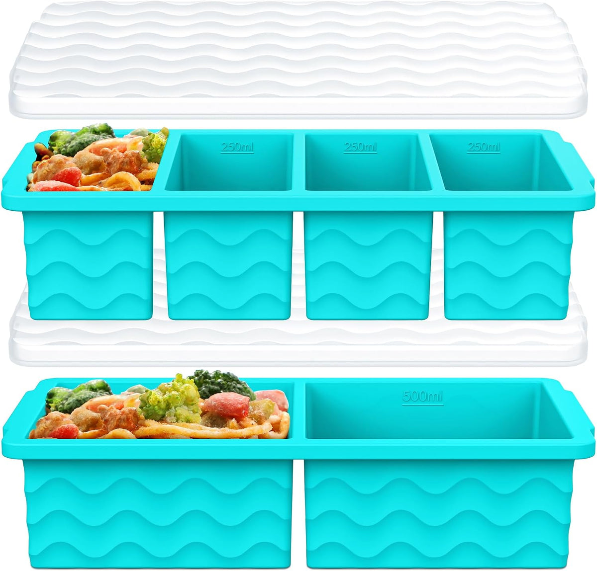 Silicone Freezer Trays with Lid for Soup, 1-Cup & 2-Cup Large Ice Cube Molds Food Storage Containers for Meal Prep, Freeze 500Ml/250Ml/125Ml Portions – 2 Pack