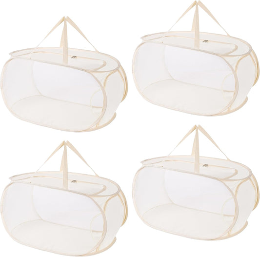 4Pcs Beige Canvas Laundry Hamper, Foldable Pop-Up Mesh Basket, Large Capacity, Opening Design, Side Storage Bag, Versatile Use-Home, Camping, Dorm, Hotel, Travel