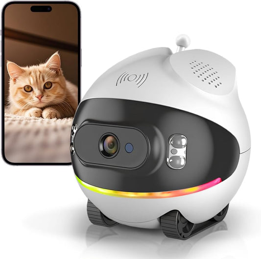 Pet Camera Robot with Cat Teaser: Battery-Operated, Movable with Phone App, 2-Way Talk, Video/Photo, Night Vision