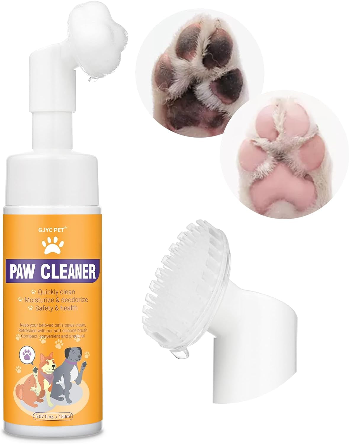 Dog Paw Cleaner for Dogs & Cats, No-Rinse Foam Cleanser with Brush
