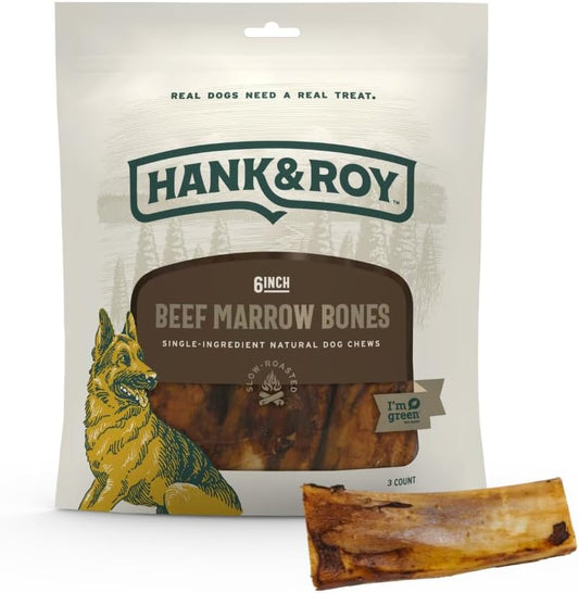 Hank & Roy 6” Beef Marrow Bones for Dogs, Long Lasting Dog Chews, 3 Pack