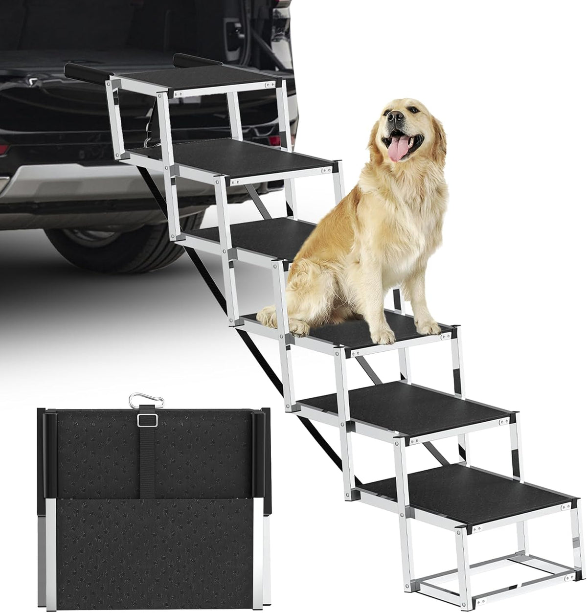 Dog Stairs for Large Dogs - 6 Step Foldable Dog Ramp for Car 43In Non-Slip Surface Support up to 230Lbs - Suitable for SUV Truck Designed Specifically for Disabled Dogs
