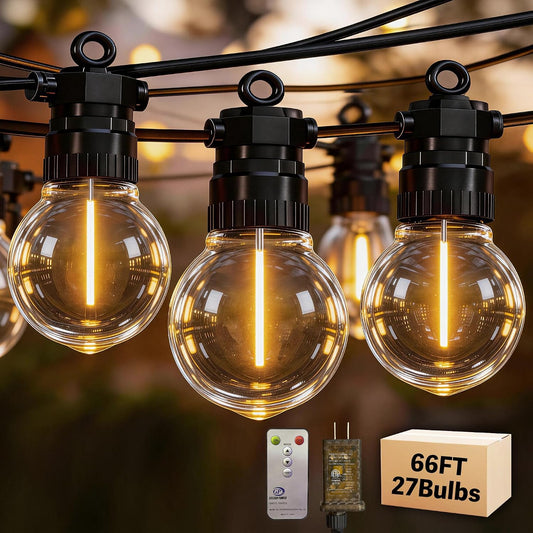 66FT Outdoor String Lights with Remote, 27 Dimmable Shatterproof LED G50 Bulbs, Waterproof Patio & Backyard Lights for Pergola, Deck, Garden, Bistro, Commercial Grade Hanging Lights