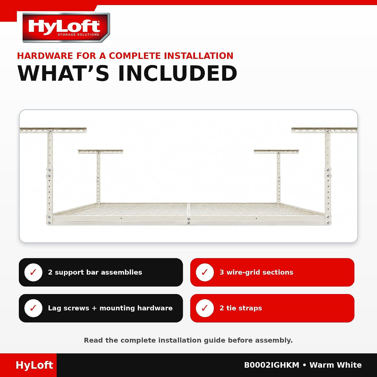Hyloft Overhead Adjustable Garage Storage Rack,Heavy Duty Steel Garage Storage System, 45-Inch X 45-Inch, White