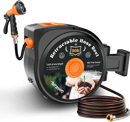 Retractable Garden Hose Reel, 50Ft X 1/2", Wall Mounted, 10-Pattern Nozzle