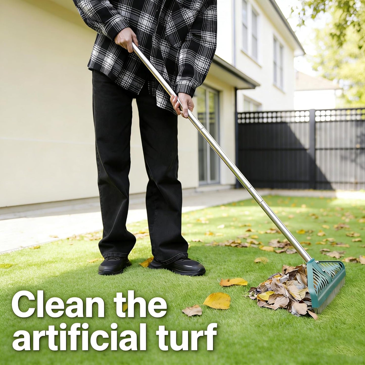 YEELOR Artificial Turf Rake with Adjustable Steel Handle from 32 to 61 Inch, Durable Artificial Grass Rake, Turf Brush for Cleaning Pet Hair, Large Fallen Leaves and Dead Grass from Artificial Turf