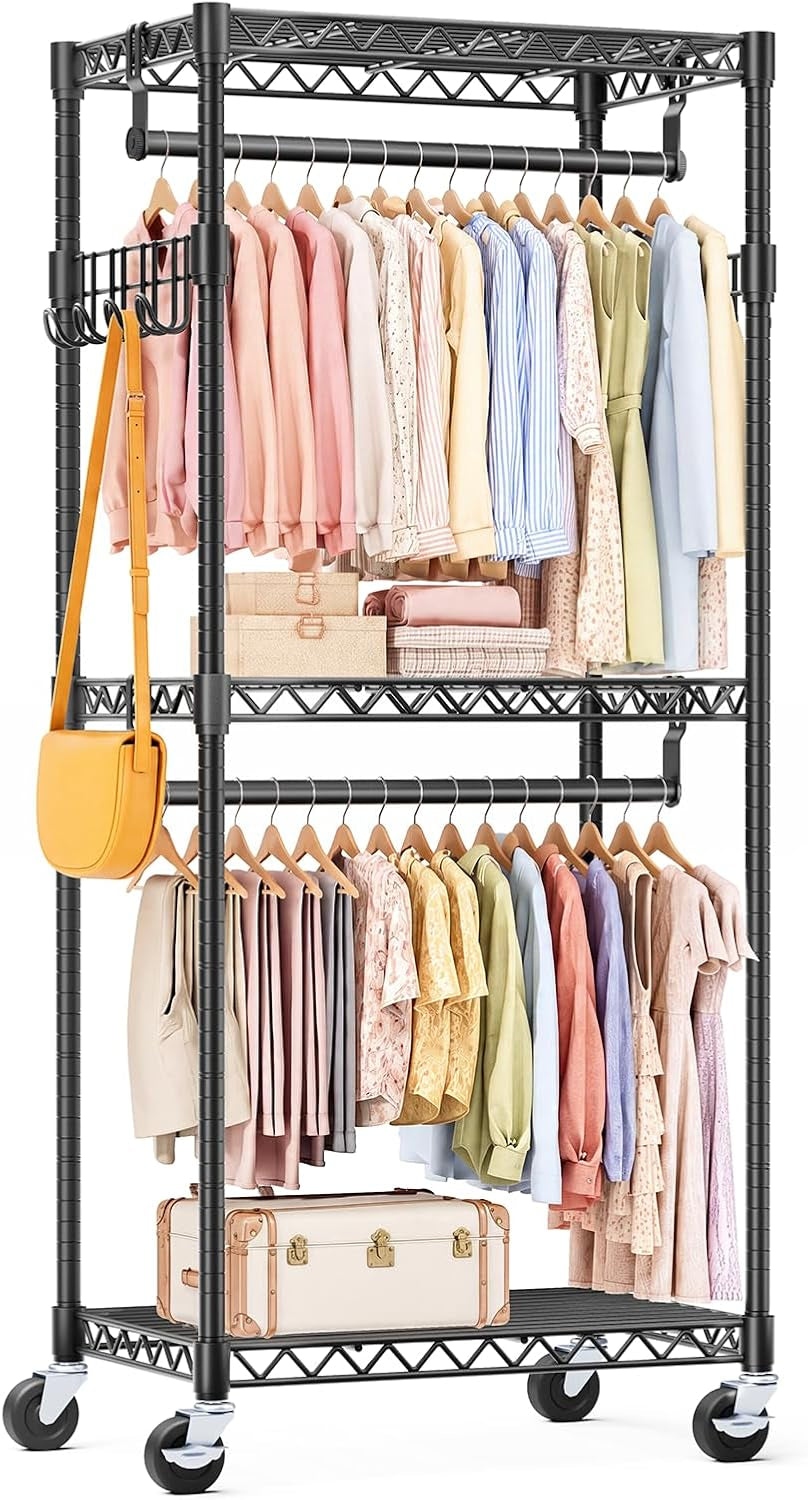 OLIXIS Rolling Clothes Rack, Heavy Duty Garment Rack, 23 IN, Metal, Black