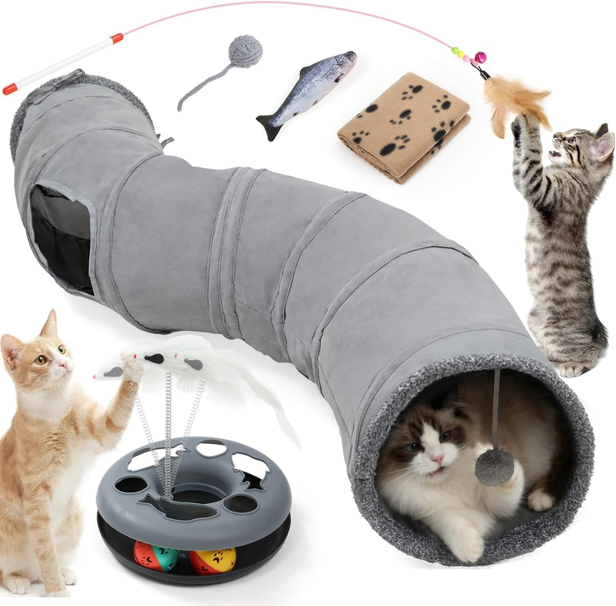 XIAPIA Cat Tunnel for Indoor Cats, 6-In-1 Collapsible Play Tunnel, Grey