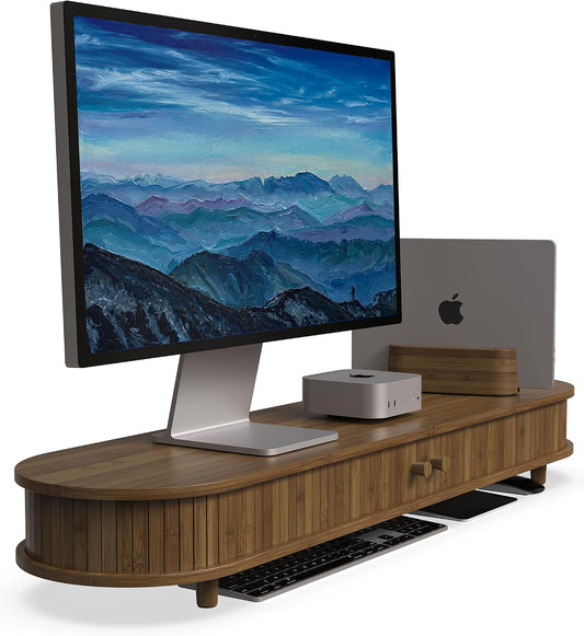 Bamboo Computer Monitor Stand Riser,Curved Wood Desk Shelf