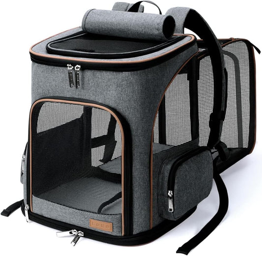 Lekereise Pet Carrier Backpack Expandable Cat Backpack Carrier for Small Dogs Large Cats Puppies, Dog Backpack Carrier for Hiking Travel Outdoor Hold Pets up to 20 25 Lbs, Grey