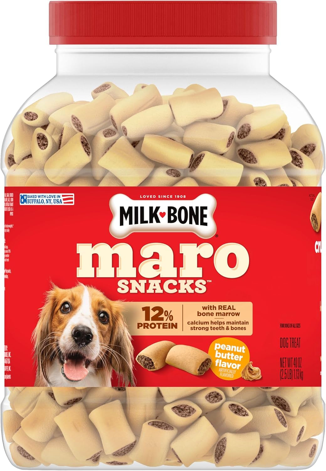 Milk-Bone Marosnacks Peanut Butter Flavor (Artificially Flavored) Dog Treats with Real Bone Marrow, 40 Oz. Canister