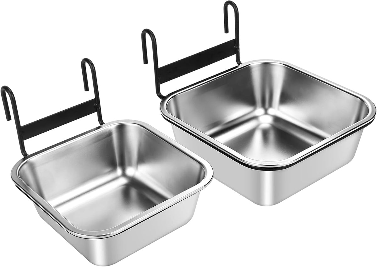 Dog Crate Bowls, 2 Pack Water Bowl for Dog Crate No Spill, 23Oz & 34Oz Kennel Cage Mounted Stainless Steel Dog Bowls, Square Hanging Pet Water Food Bowl Dish for Puppy Cat Rabbit Bunny Guinea Pig