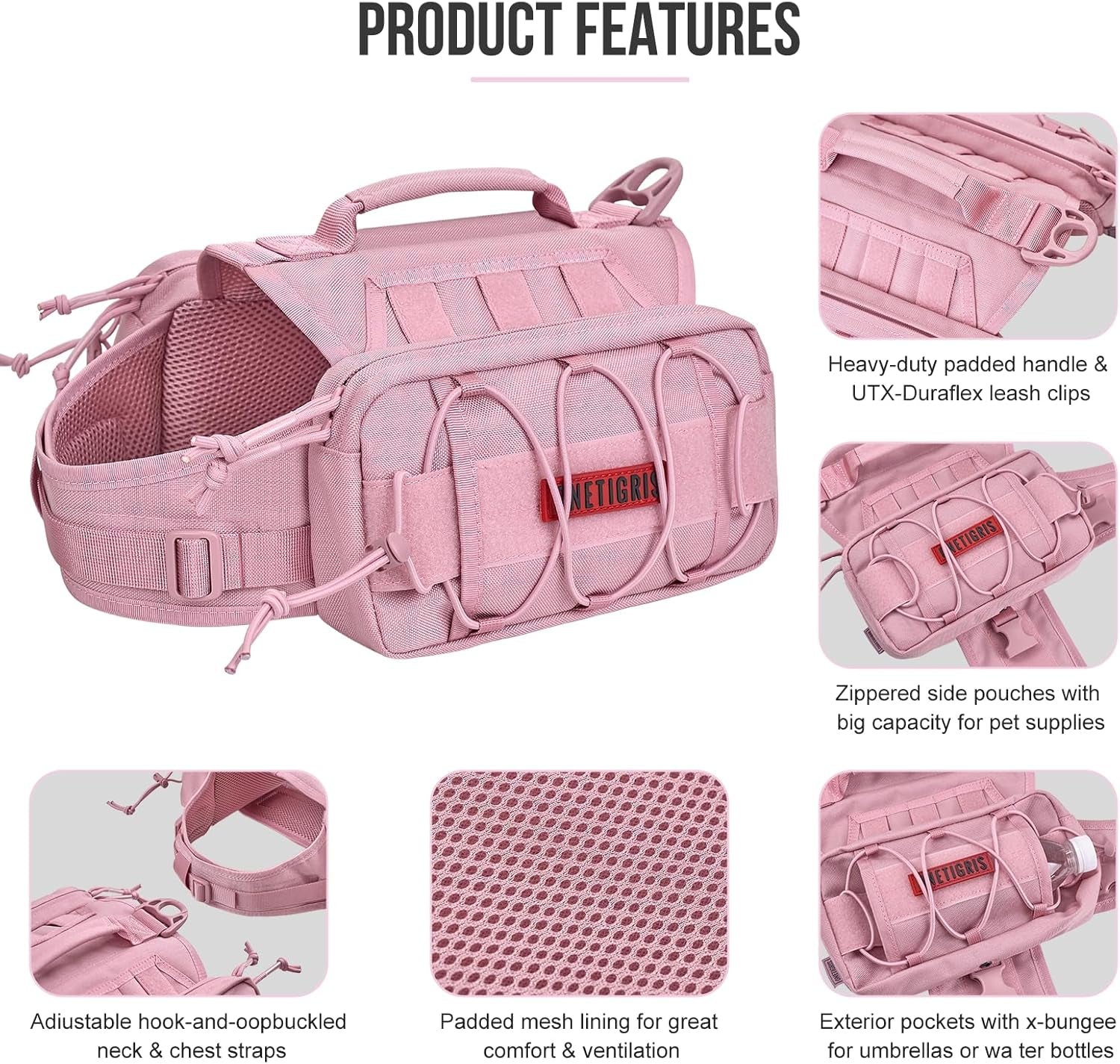 ONETIGRIS Dog Backpack for Medium & Large Dogs, Nylon Backpack for Dogs Tactical Pet Backpack with Side Pockets for Hiking Walking Training Running (Pink, Medium)