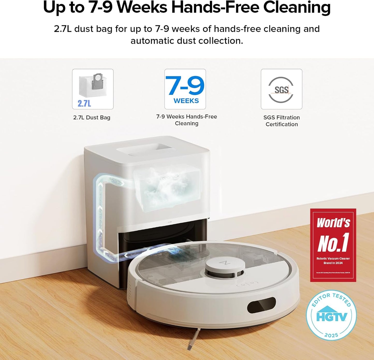 Roborock Q7 M5+ Robot Vacuum and Mop, Upgraded from Q5 Max+, up to 7-9 Weeks Self-Empty, 10000Pa Suction, Dual Anti-Tangle System for Pet Hair & Carpet, Precisense Lidar Navigation, App Control, White