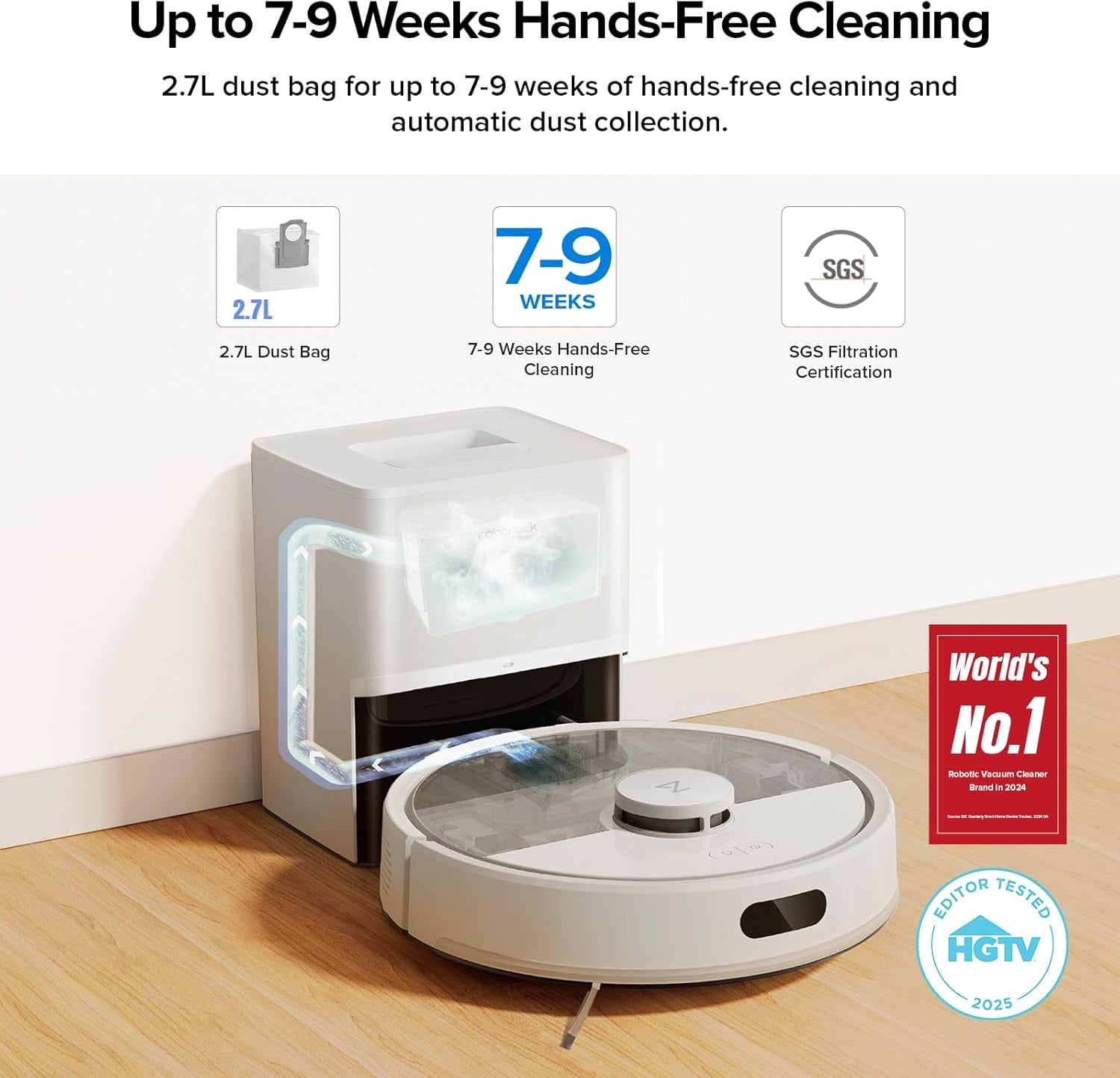 Roborock Q7 M5+ Robot Vacuum and Mop, Upgraded from Q5 Max+, up to 7-9 Weeks Self-Empty, 10000Pa Suction, Dual Anti-Tangle System for Pet Hair & Carpet, Precisense Lidar Navigation, App Control, White