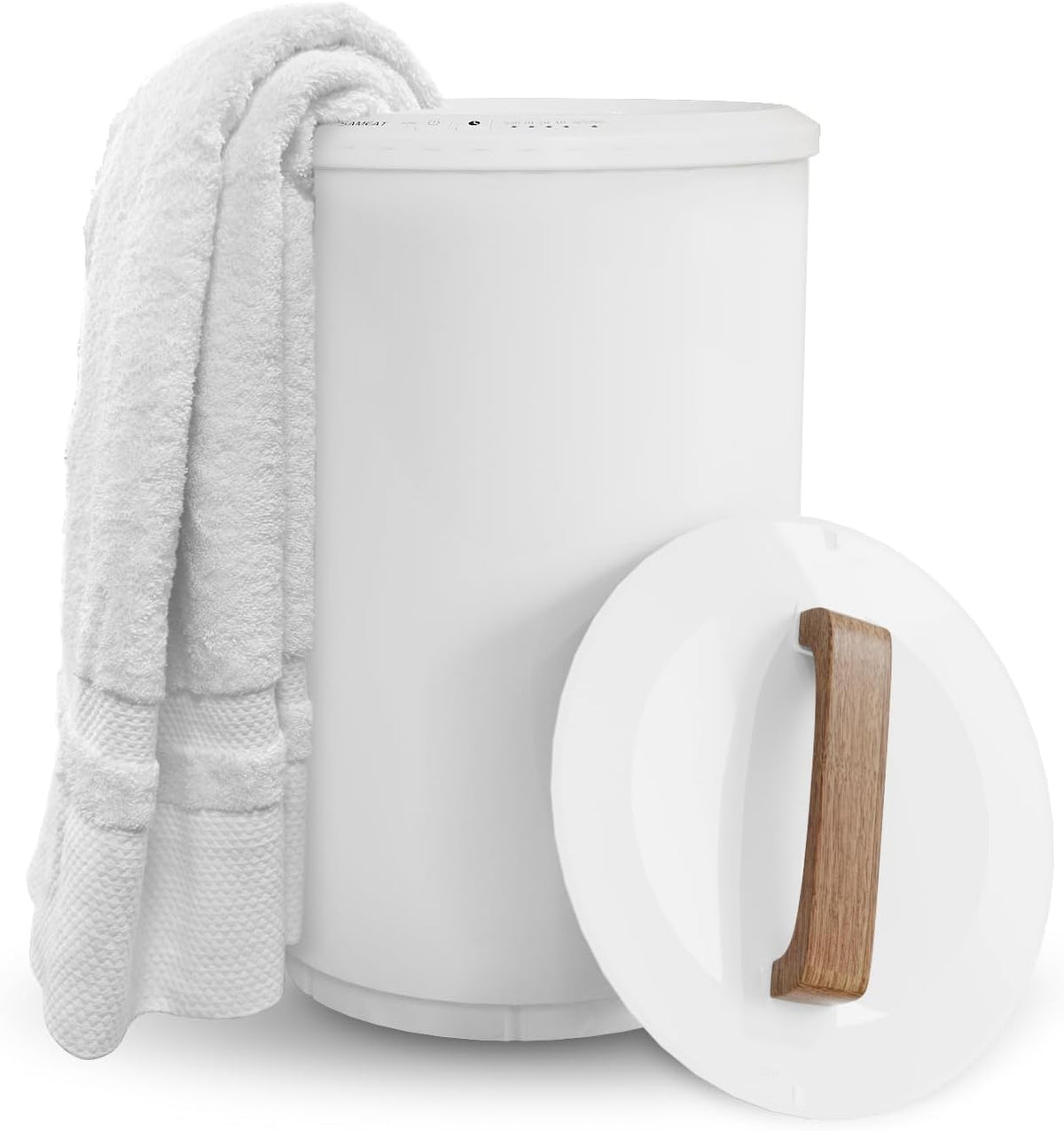 SAMEAT Heated Towel Warmers for Bathroom - Large Towel Warmer Bucket, Wood Handle, Auto Shut Off, Fits up to Two 40"X70" Oversized Towels, White
