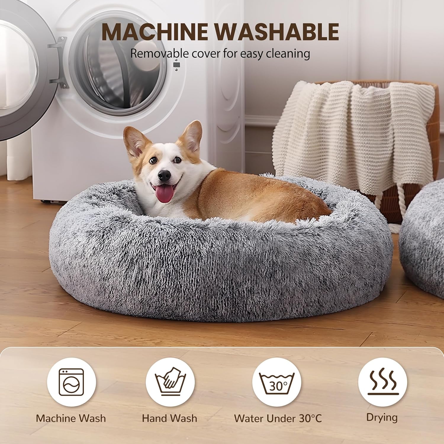 Donut Dog Bed Medium Size Dog 30 Inch, round Cat Beds for Small Medium Dogs and Cats with Washable Fluffy Faux Fur, Cute Comfort Pet Bed with Anti-Slip Bottom, Grey