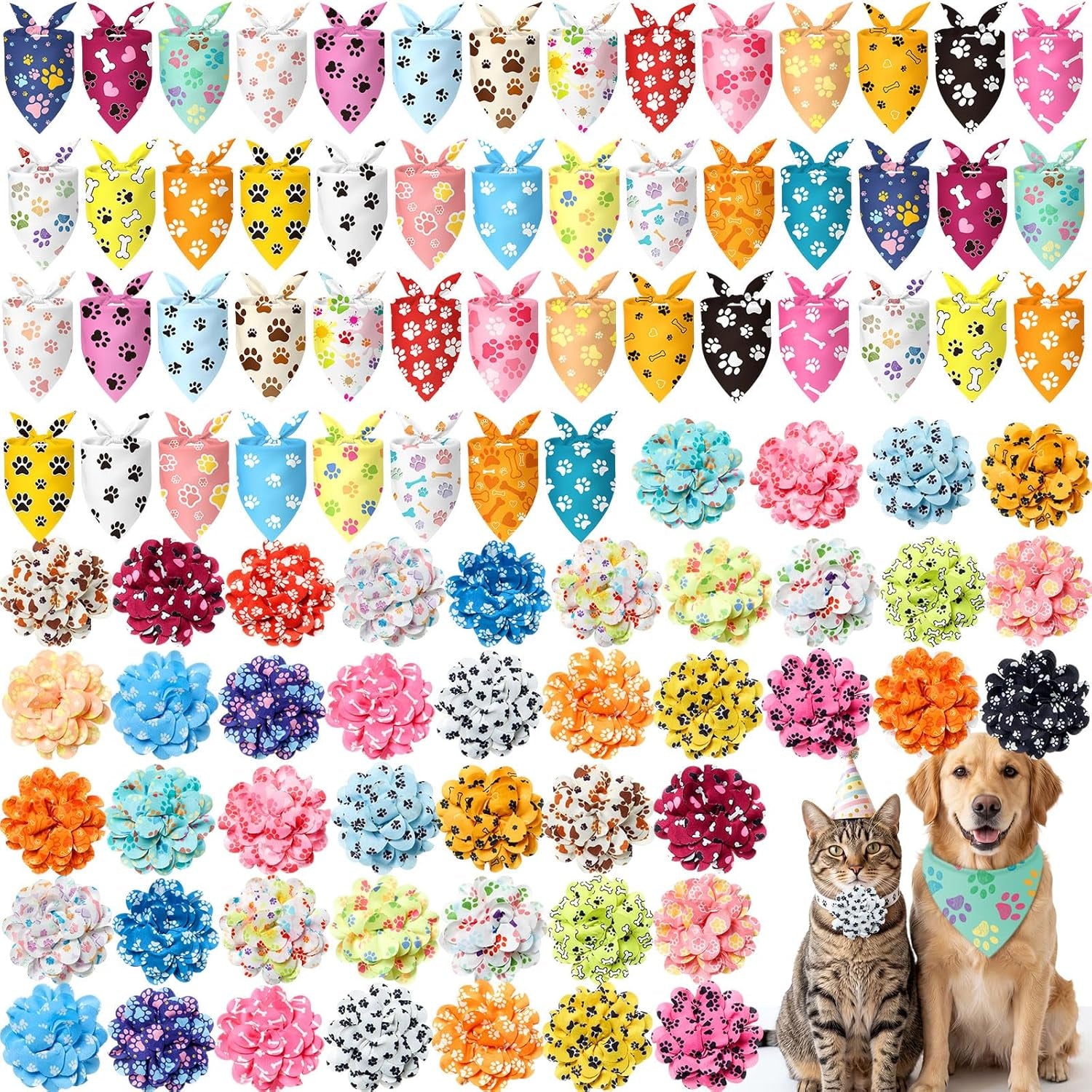 Huhumy 100 Pack Paw Print Dog Bandanas & Flowers, Cute Dog Paw Pattern Scarf Set, Photo Props & Grooming Accessories for Groomers, Pet Shops & Multi-Dog Families, 25 Styles