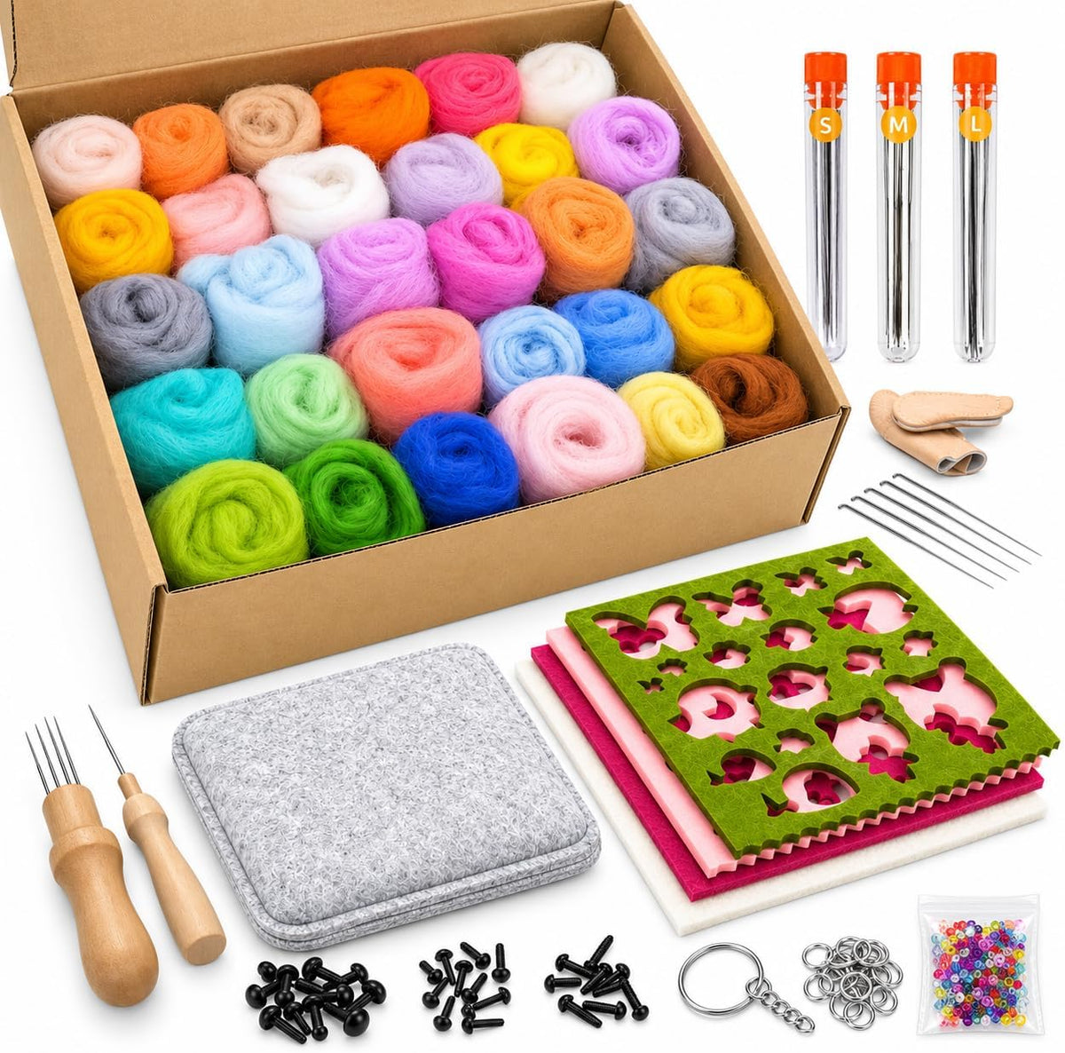 Iptek Needle Felting Kit for Beginners, 30 Colors Wool Roving with Felting Needles, Felt Molds, Foam Pad, Storage Box & Instructions, Starter Kit for DIY Animals, Keychains & Crafts