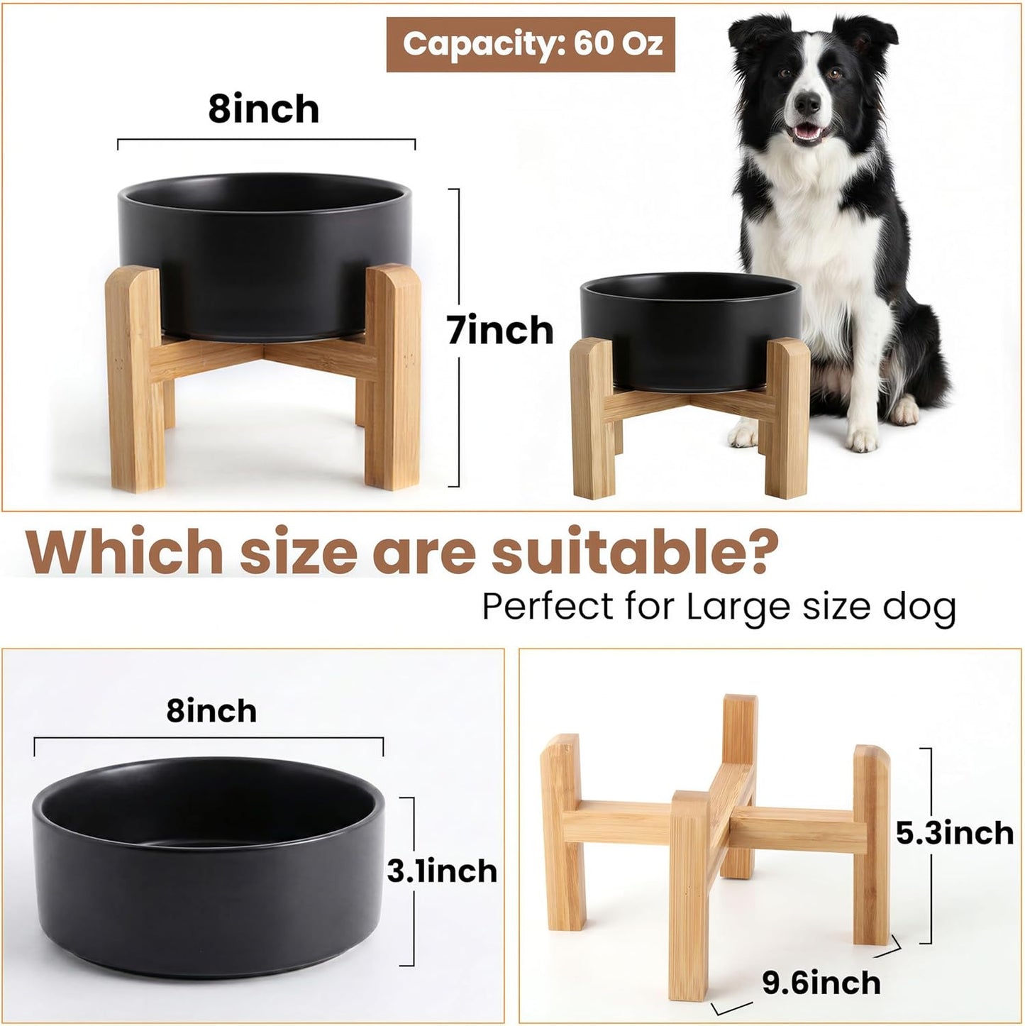 Hjn Elevated Ceramic Dog Bowl with Bamboo Stand, Raised Pet Feeding Station for Small Medium Dogs Cats, Modern Design with Anti-Slip Base (Black, 7.6Cup)