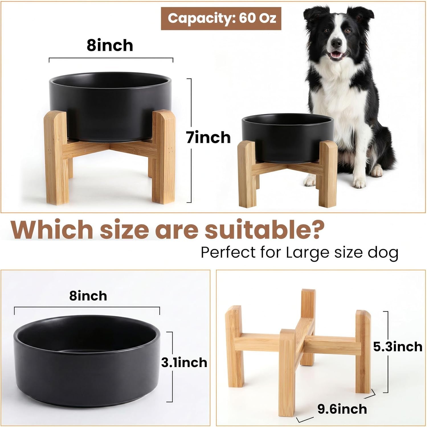 Hjn Elevated Ceramic Dog Bowl with Bamboo Stand, Raised Pet Feeding Station for Small Medium Dogs Cats, Modern Design with Anti-Slip Base (Black, 7.6Cup)