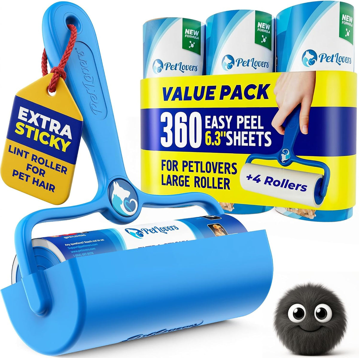 Petlovers 6.3" Large Lint Roller for Pet Hair Extra Sticky 360 Sheets, Ideal for Pet Hair Removal from Furniture & Clothes, Dog and Cat Lint Remover 4 Pack