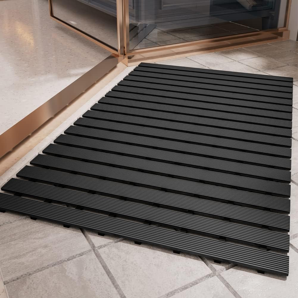Shower-Mat Non Slip, PADOOR Heavy Duty Bathtub-Mat Curlable Quick Drain Sturdy Bath Tub Mat without Suction Cups for Indoor Outdoor Use 17X26 Inch Black