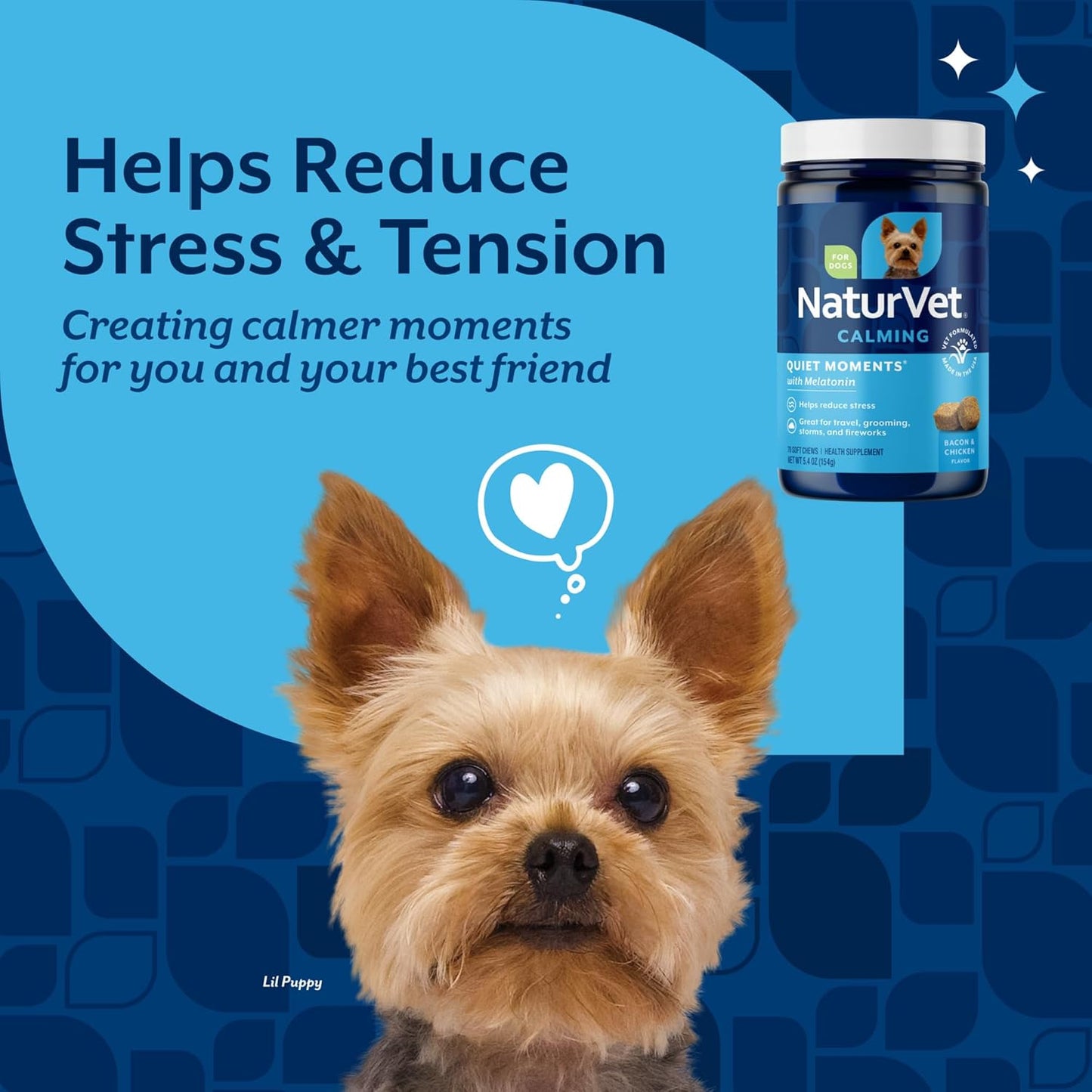 Naturvet Quiet Moments Calming Dog Supplement, Dog Soft Chews with Melatonin to Help Reduce Stress from Storms, the Vet, Fireworks, and Travel, Bacon and Chicken Flavored Pet Supplement, 70 Count Jar