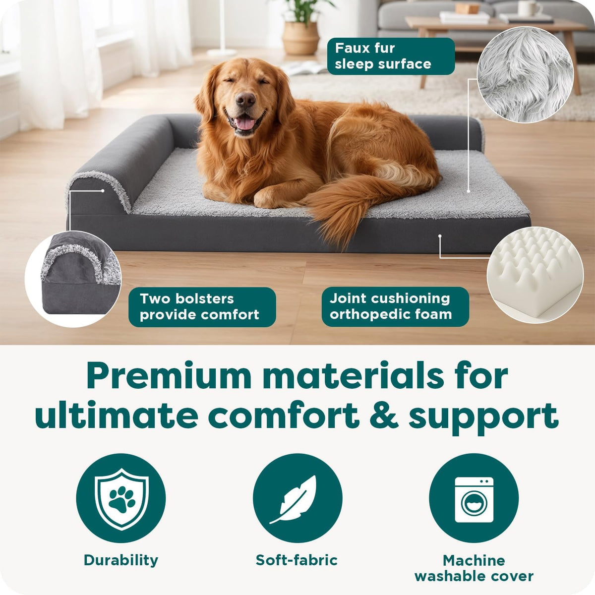 Furhaven Orthopedic Dog Bed for Large Dogs W/ Removable Bolsters & Washable Cover, for Dogs up to 95 Lbs - Two-Tone Plush Faux Fur & Suede L Shaped Chaise - Stone Gray, Jumbo/Xl