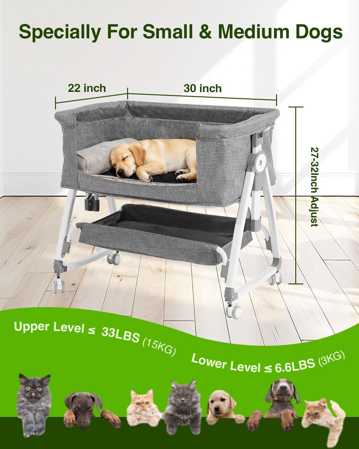 Bedside Dog Bed Co-Sleeper, 27-32 in Height Adjustable Pet Bassinet