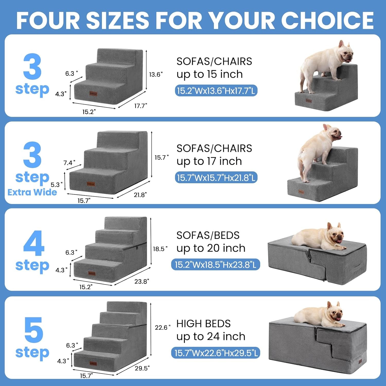 Aodisman Dog Stairs for Small Dogs, 3-Step Non-Slip Pet Stairs for Couch Sofa and Chair, Dog Bed Stairs for Puppy, Older Cat,Grey,13.6" H