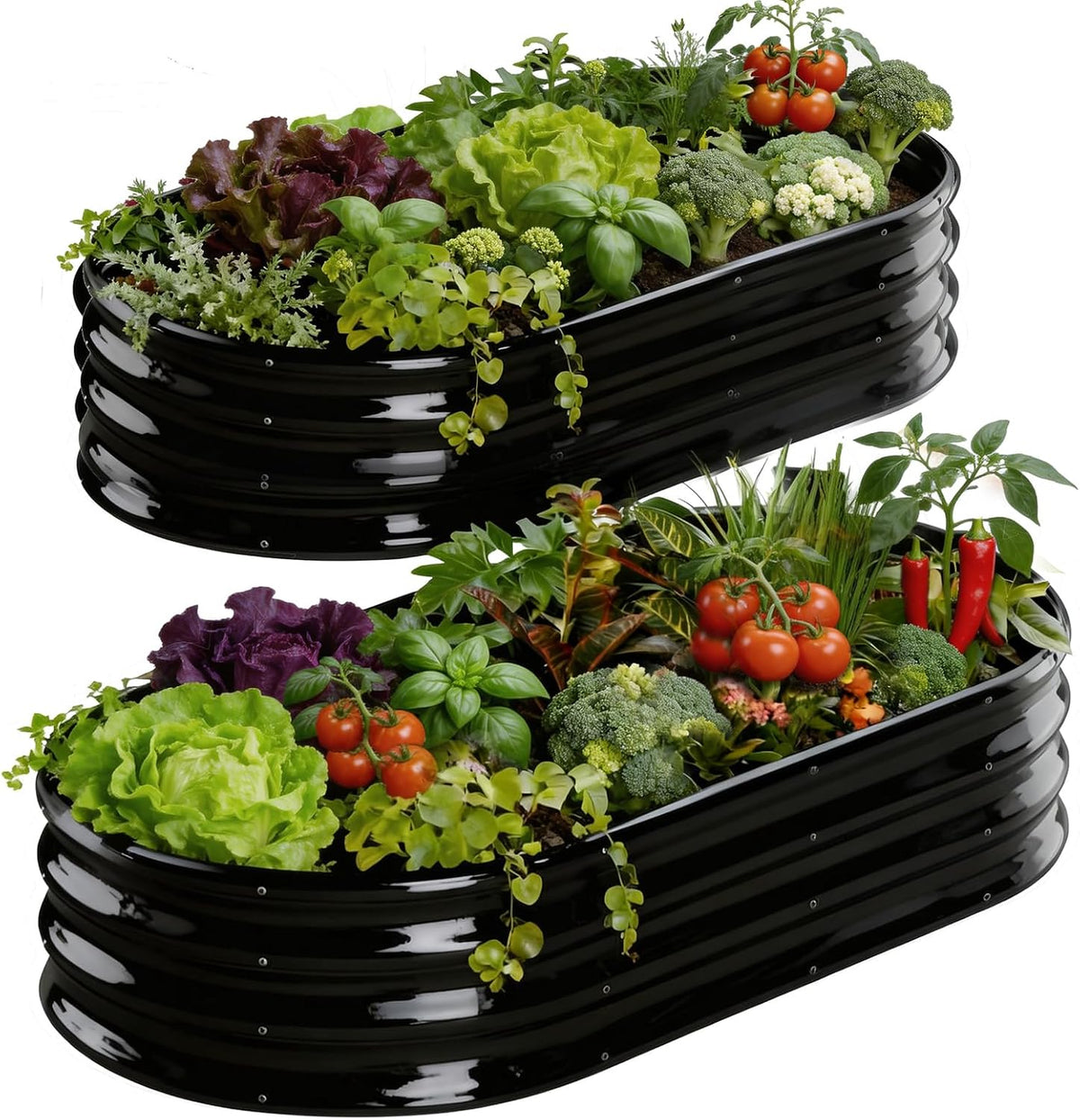 Rakukiri Raised Garden Bed Outdoor, GRS Certified Recycled Metal Planter Box 2 Sets, 4FT Galvanized Oval Herb Garden Kit, Bottomless Large Garden Beds for Vegetables Flowers, Rust-Resistant Black