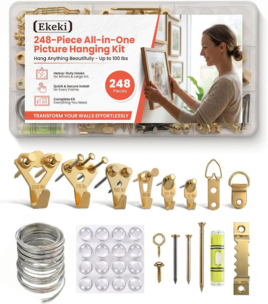 248 Pcs Picture Hanging Kit - Heavy Duty Hooks 10 to 100 Lbs for Drywall, Hang Pictures, Frame, Mirror & Art Display, Hardware Tool Kit with Hook, Nails, Wire, Sawtooth Hangers, D Ring & Adhesive Dots