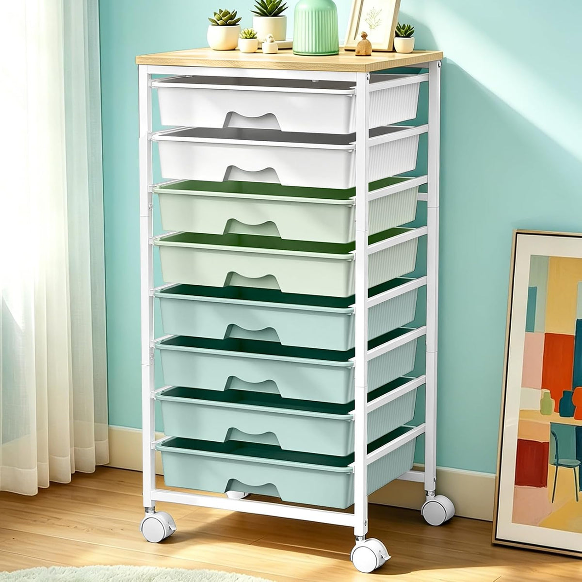 SUNALLY Rolling Cart with 8 Drawers,Storage Drawer Cart for Craft Art,Green