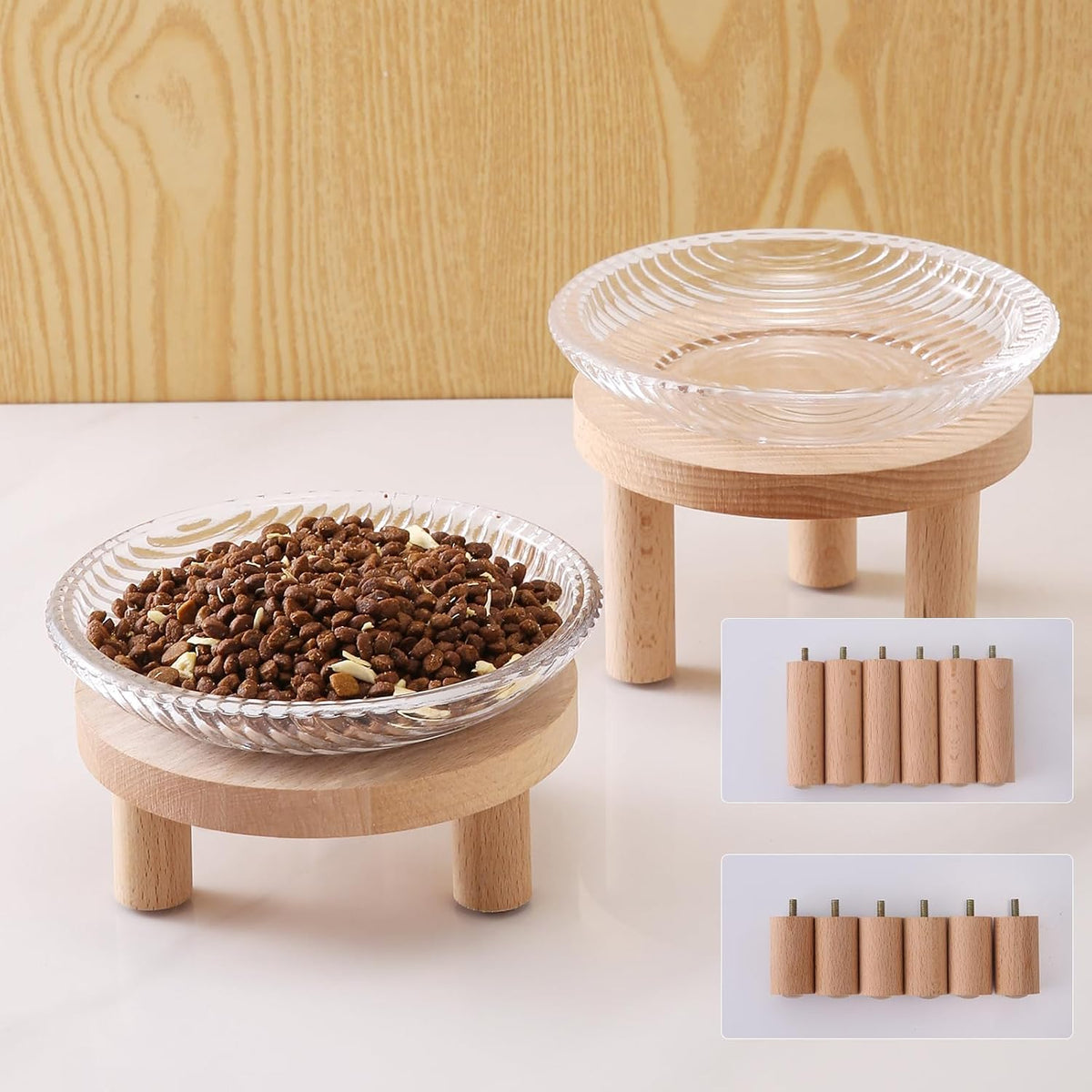 Raised Whisker Fatigue Cat Bowl. Glass Cat Bowls Elevated with Wooden Legs in 2 Heights. Protect the Spine and Prevent Vomiting. 2PCS. KGCCIZI