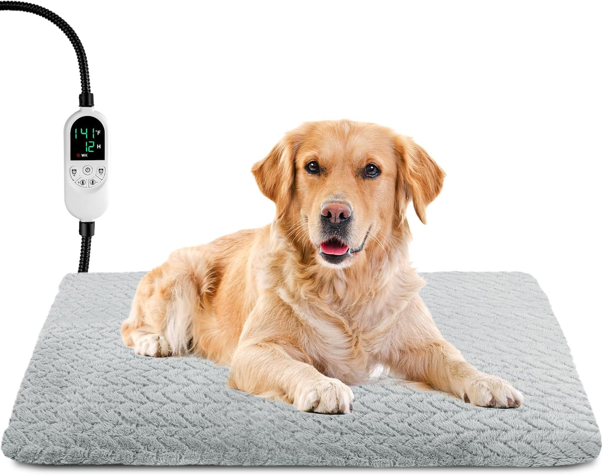 Pet Heating Pad for Cats Dogs, Heated Dog Bed Indoor Dog Heating Pad with Chew Resistant Steel Cord, 12 Level Timer and Temperature Heated Pet Bed Electric Warming Blanket (28''X18'')