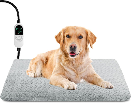 Pet Heating Pad for Cats Dogs, Heated Dog Bed Indoor Dog Heating Pad with Chew Resistant Steel Cord, 12 Level Timer and Temperature Heated Pet Bed Electric Warming Blanket (28''X18'')