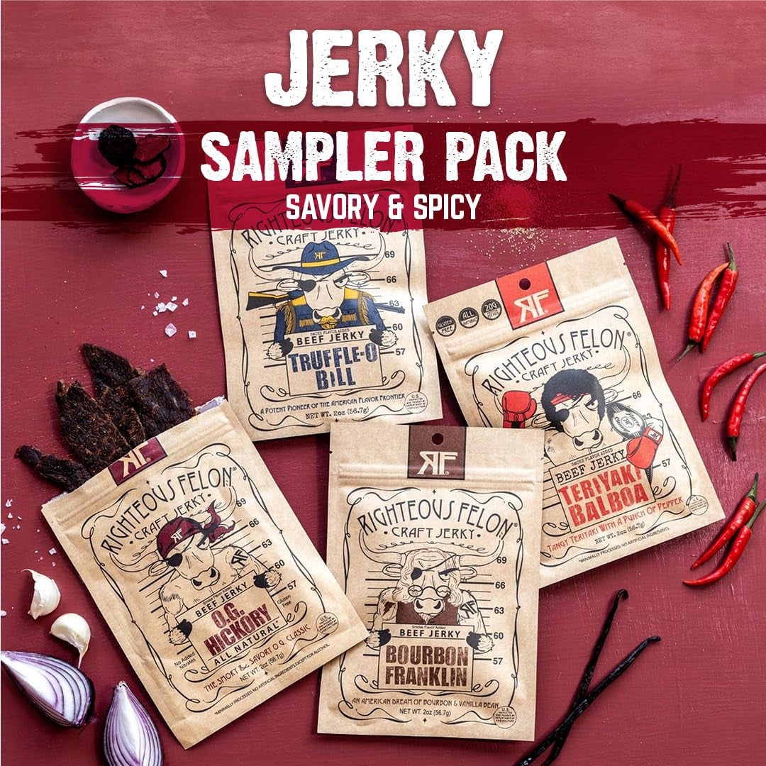 Righteous Felon Beef Jerky - High Protein Jerky Snack Pack - Father'S Day Jerky for Dad - Locally Sourced & Dried Beef Jerky - Low-Sugar, Keto, Gluten-Free Jerky Snacks - Savory 4 Pack Sampler