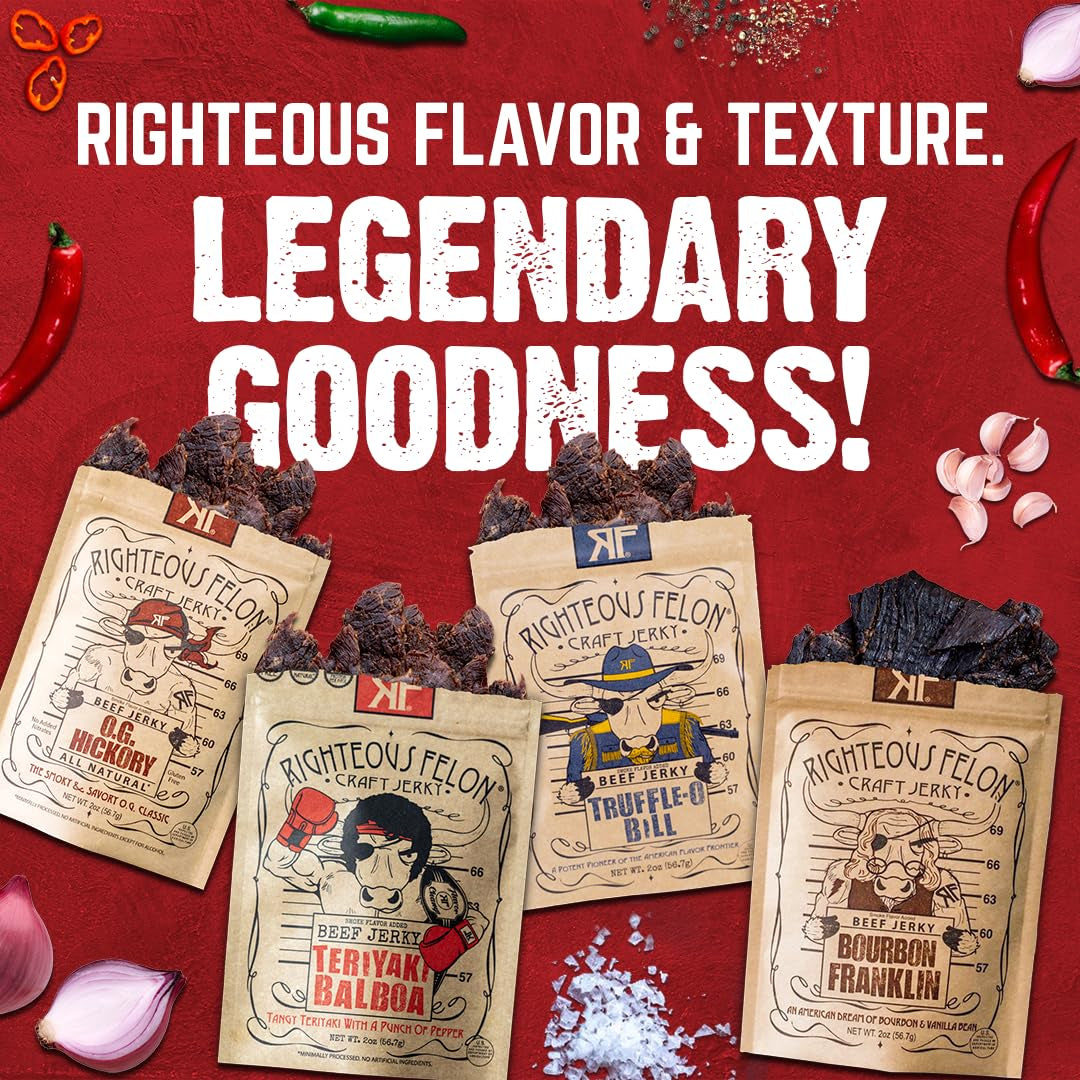 Righteous Felon Beef Jerky - High Protein Jerky Snack Pack - Father'S Day Jerky for Dad - Locally Sourced & Dried Beef Jerky - Low-Sugar, Keto, Gluten-Free Jerky Snacks - Savory 4 Pack Sampler