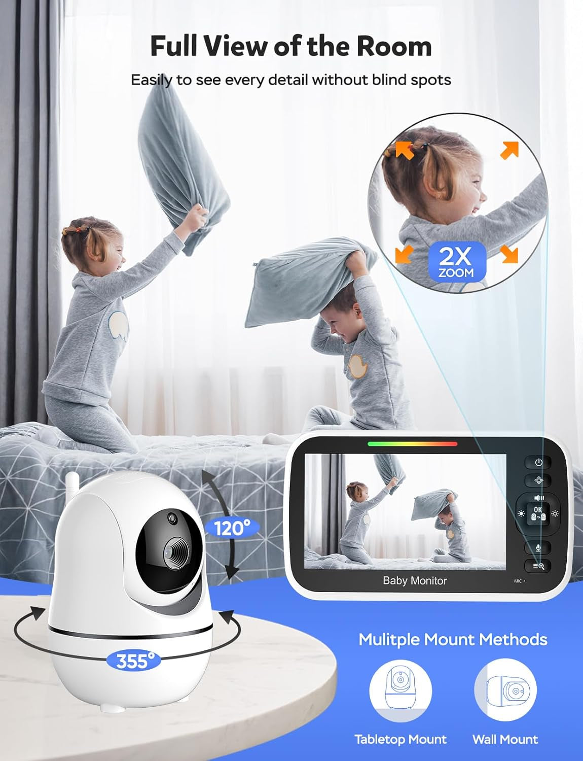 Goodbaby 5" Baby Monitor with Camera and Audio, No Wifi Secure FHSS, 30-Hour Battery, Remote PTZ, Auto Night Vision, Room Temperature, Two-Way Audio，Lullabies，1000Ft Range