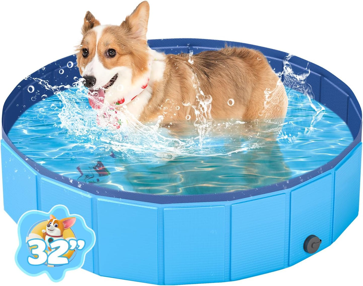 YSJILIDE Foldable Dog Pool, Portable PVC Dog Pet Swimming Pool, Collapsible Plastic Dog Bath for for Large Medium Small Dogs & Kids (S-32"X 8" Blue)