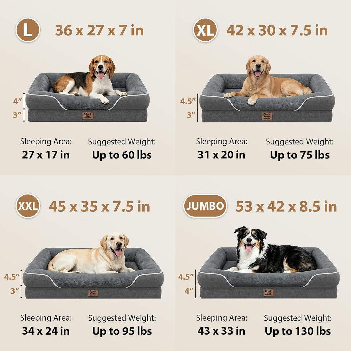 Chez Paw Waterproof Orthopedic Dog Bed for Large and Extra Large Dogs