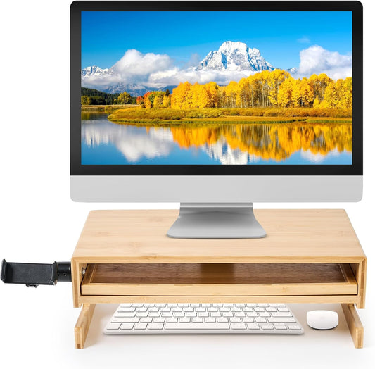 Wood Monitor Stand Riser Organizer for Desk Top with Storage Drawer & Phone Holder,Bamboo Monitor Stand with Keyboard Tray, Non Slip Desk Riser, Desk Stand for Computer Monitor