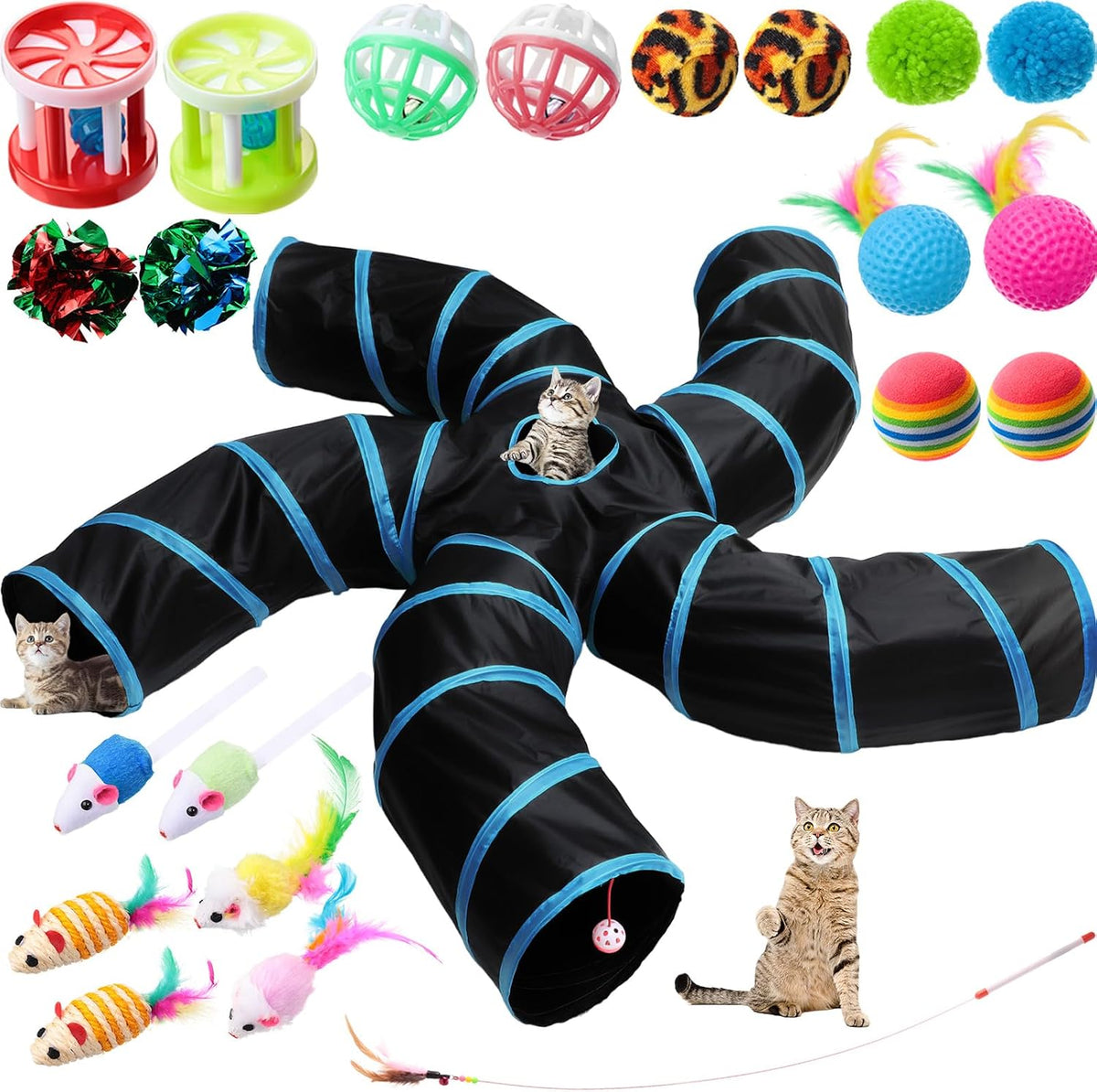 Poen 21 Pcs Cat Tunnels 5 Way Collapsible with 20 Toys Set, Blue Black