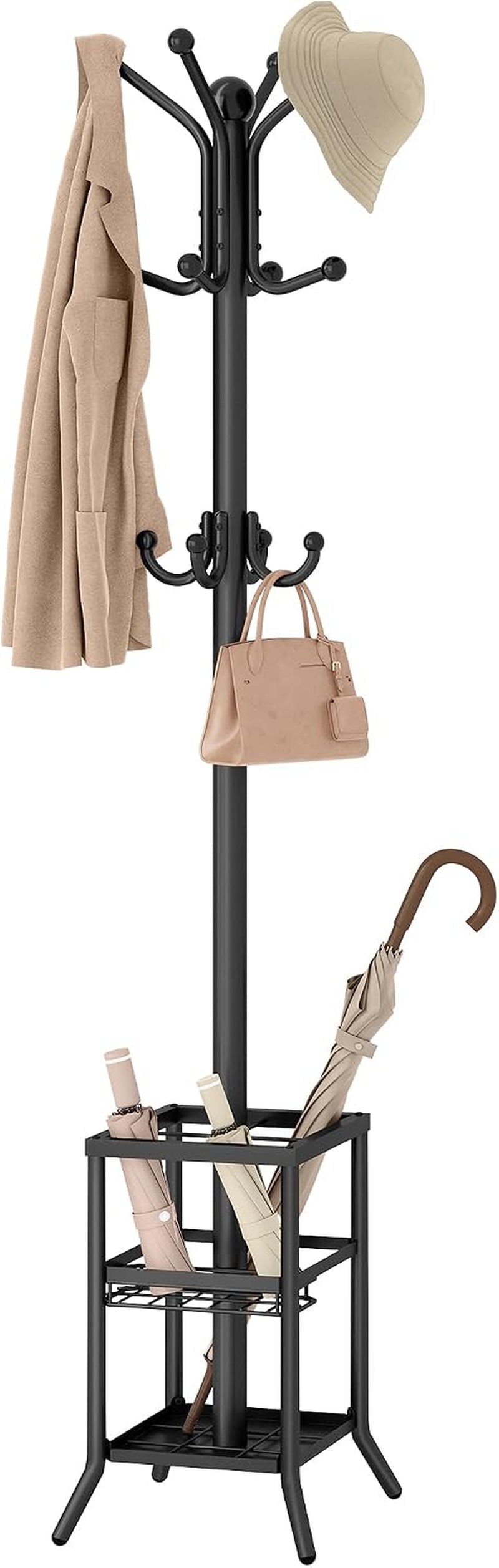 FAVOOSTY Coat Rack Freestanding,Coat Rack Stand with Umbrella Holder,Metal Coat Tree with 12 Hooks,Tree Clothes Hat for Entryway, Hallway, Bedroom, Living Room & Office (Black)