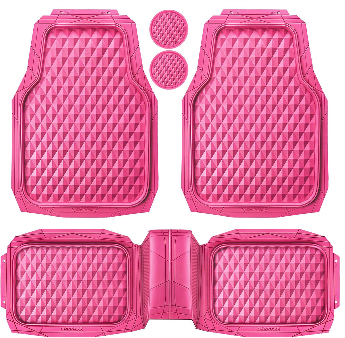 CAR PASS Heavy Duty Rubber Pink Car Floor Mats, Deep Dish All-Weather Full Set Durable Anti-Slip 3D Rhombus Waterproof Trim to Fit Liner Universal Fit Automotive,Sedan,Suv,Truck, 3 Pcs Hot Pink