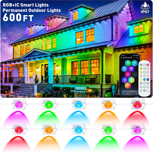 600FT Permanent Outdoor Lights RGB+IC Lights, IP67 Waterproof Smart Eave Lighting, with App/Remote Control Eaves Light, DIY LED Scenes Modes for House Roof Decor Party