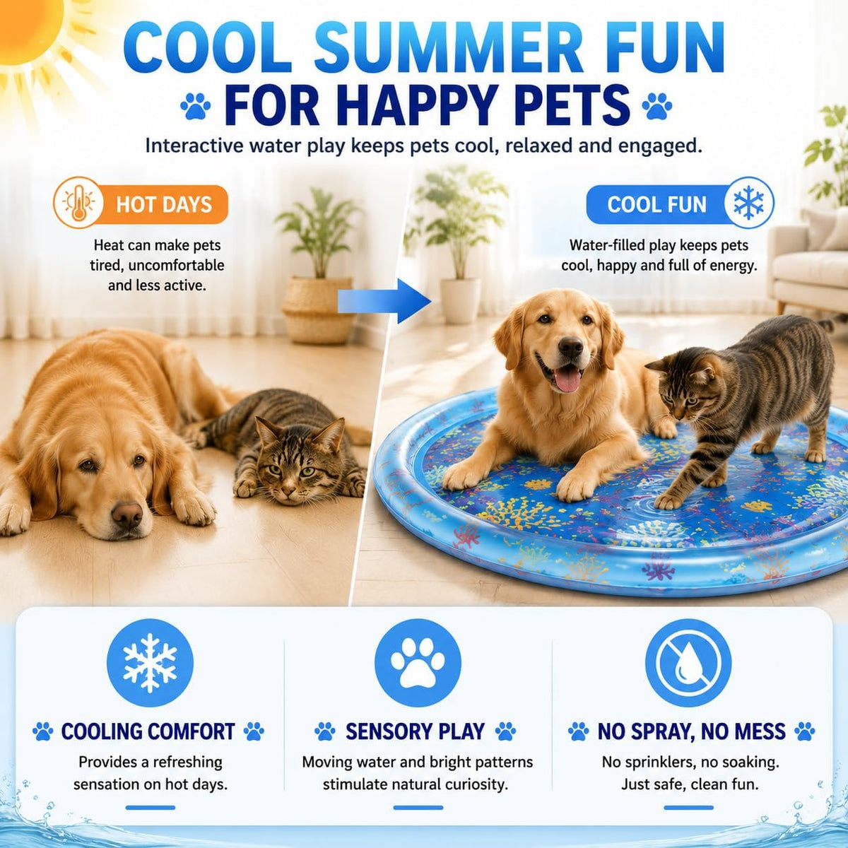 Cat Water Mat for Indoor Cats, Pet Water Sensory Play Mat for Cats & Dogs, Interactive Water Toy Mat with Durable PVC, Summer Activity Mat for Pets, Indoor Outdoor Use, 41.4 X 41.4 X 2.8 Inches